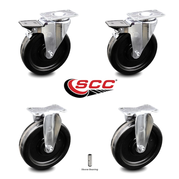 6 Inch Phenolic Swivel Top Plate Caster Set with 2 Brakes 2 Rigid